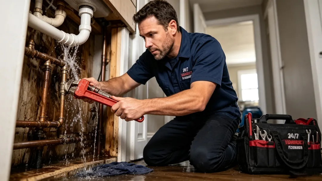 Plumber responding to a severe burst pipe emergency and active water leak
