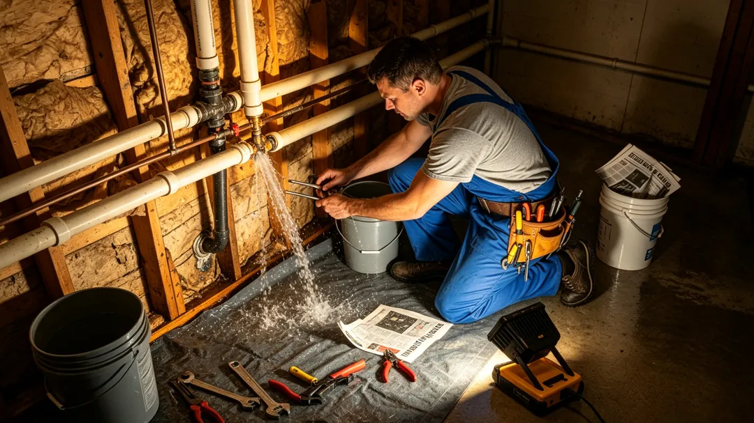 Plumber repairing a burst copper pipe in a residential basement