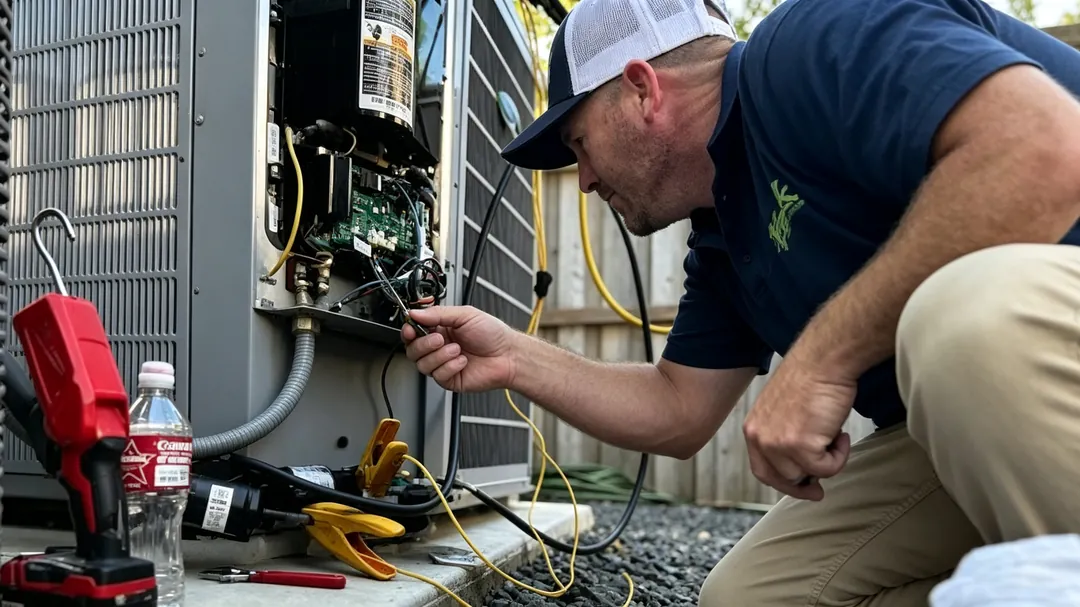 Professional HVAC technician diagnosing emergency furnace and AC compressor failure