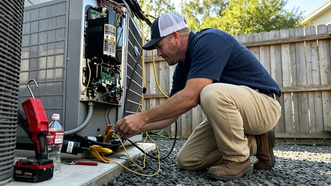 HVAC specialist examining ductwork and evaporator coil during emergency service