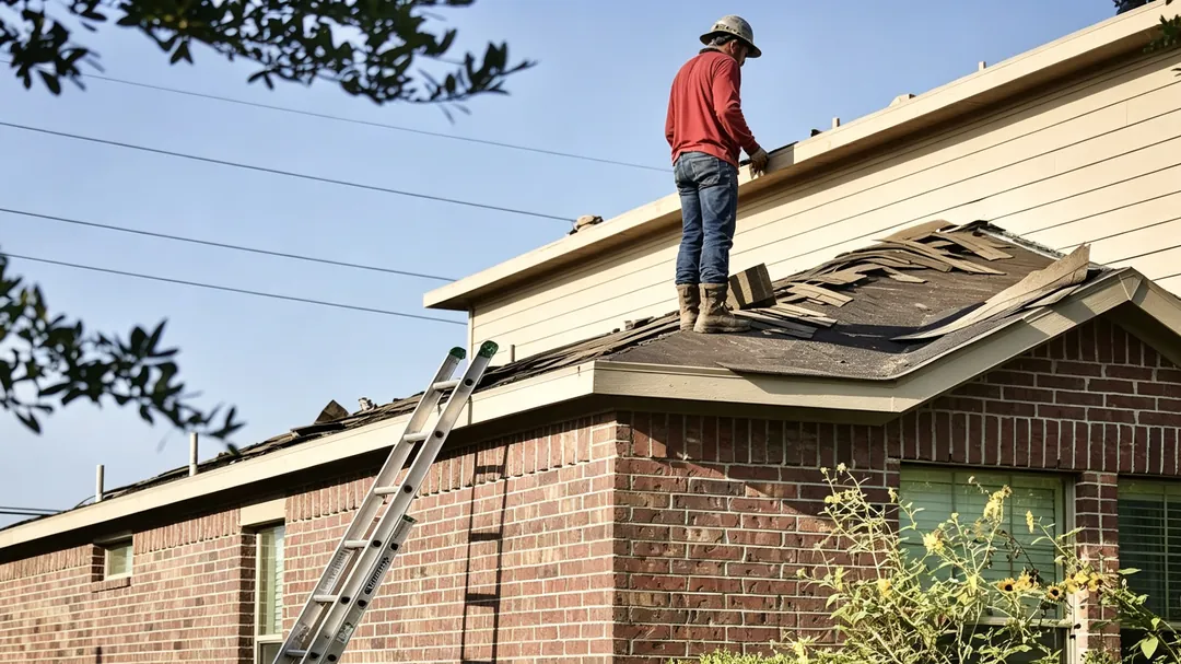 Emergency roof repair in Brooklyn NY showing storm-damaged shingles and exposed underlayment on a residential roof