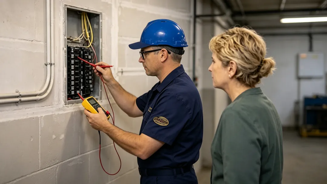 emergency electrician replacing GFCI outlet and diagnosing burning smell near panel
